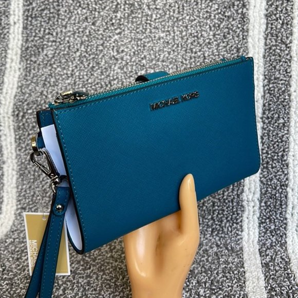 Michael Kors Large Double Zip Leather Wallet Wristlet Phone Case Lagoon - Picture 3 of 16